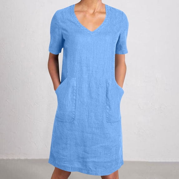 Qulqfy Short Sleeve Summer Dress Solid Midi Cotton Linen Vintage V-Neck Work Beach Vacation with Pockets Casual Blue Sundresses L