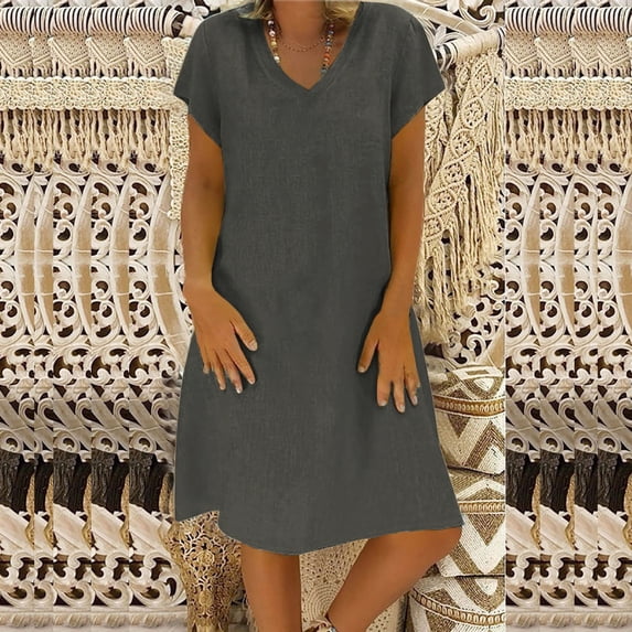 Qulqfy Short Sleeve Summer Dresses for Women 2026 Cotton Linen Plus Size Solid Midi Collared Casual Beach Vacation Dark Gray Work Sundresses XL