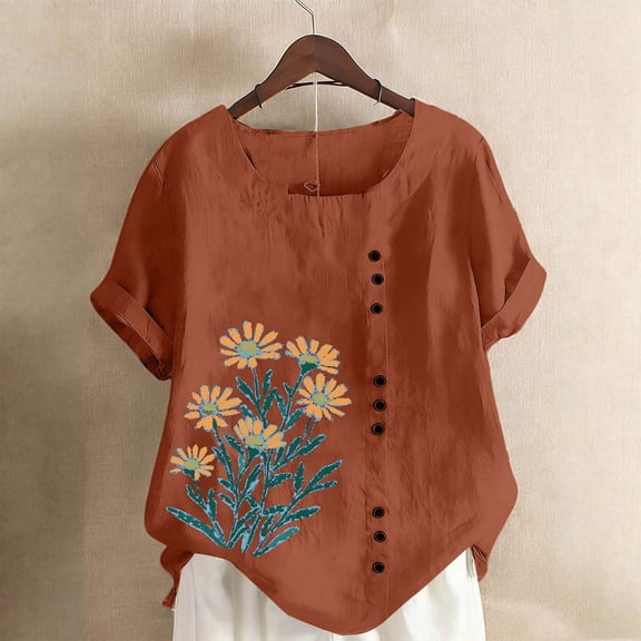 Qulqfy Short Sleeve T-Shirts for Women Graphic Floral Brown Shirts Crew Neck Summer Spring Tees M