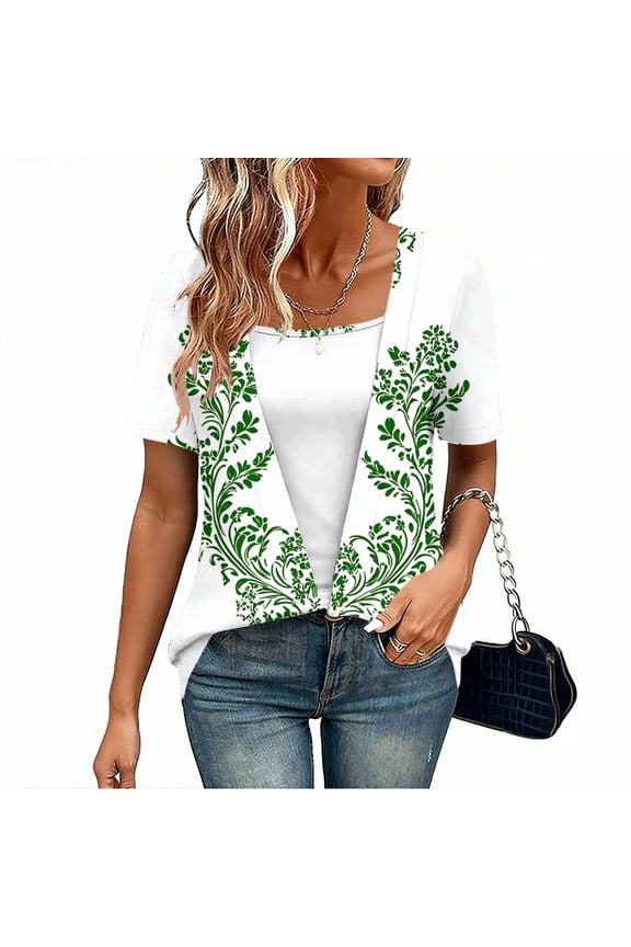 Short Sleeve Tshirts for Women Graphic Double Layer Shirts Casual Crew Neck Tops Work Shirts Women S