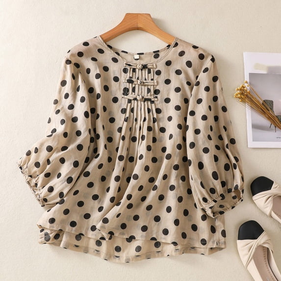 Qulqfy Short Sleeve Women's Blouses Cotton Linen Polka Dot Casual Crew Neck Button Down Khaki Spring Tie Summer Tops for Women 2026 M