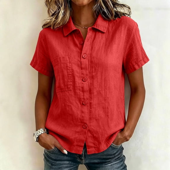 Qulqfy Short Sleeve Womens Blouses Lapel Casual Solid Cotton Linen Spring Red Womens Tops Summer XL