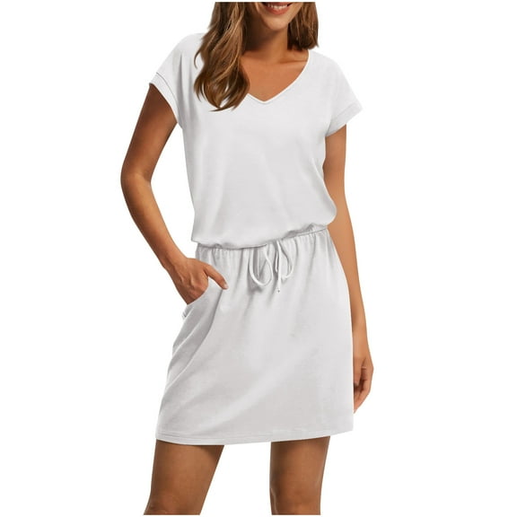 Qulqfy Short Sleeve Womens Dresses Mini Casual White Cotton Elastic Waist V Neck Solid Dresses Fall Dresses for Women 2025 XL