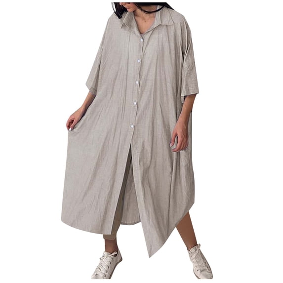 Qulqfy Short Sleeve Womens Dresses Tshirt Cotton Linen Beige Maxi Casual Plus Size Collared Dresses Women Fall Dresses L