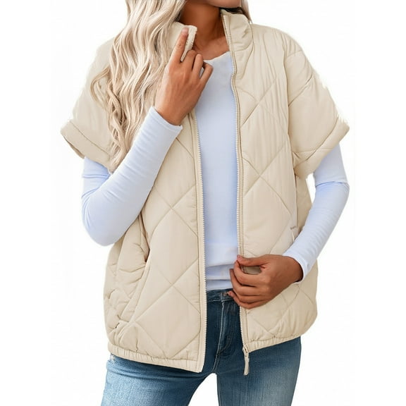 Qulqfy Short Sleeve Womens Quilted Jacket Cropped Warm Beige Zip Up Stand Collar Padded Puffer Vest Fall Coats for Women XL