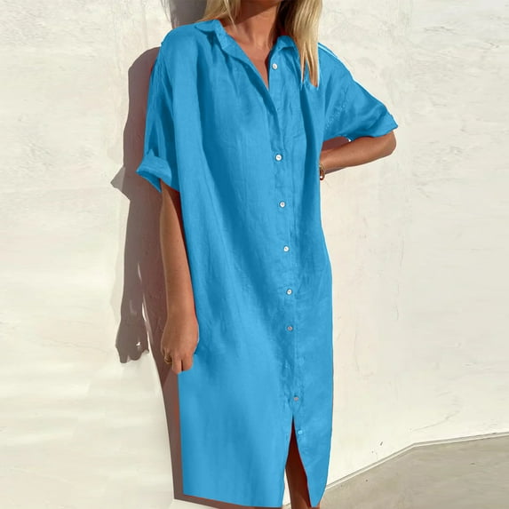 Qulqfy Short Sleeve Womens Summer Dresses Cotton Linen Midi Wedding Guest Solid Square Neck with Pockets Blue Button Down Beach Vacation Work Sundresses XL