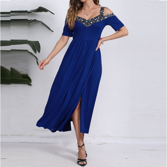 Qulqfy Short Sleeve Womens Summer Dresses Maxi High Waisted V-Neck Wedding Guest Corset Plus Size Spaghetti Strap Wrap Split Long Dress Blue