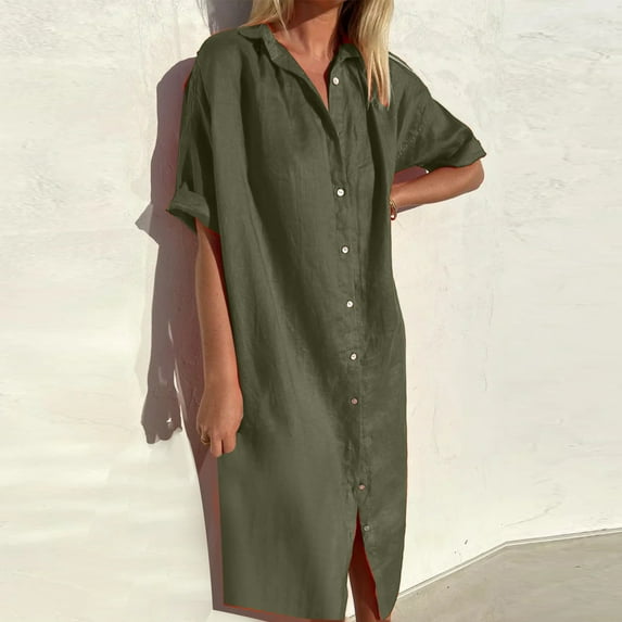 Qulqfy Short Sleeve Womens Summer Dresses Midi Wedding Guest Cotton Linen Solid Square Neck Button Down Green Beach Vacation with Pockets Sundresses S