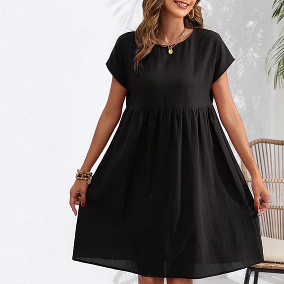Qulqfy Short Sleeve Womens Summer Dresses Cotton Linen Vintage Solid Mini Crew Neck Beach Vacation Work Casual Black Sundresses M