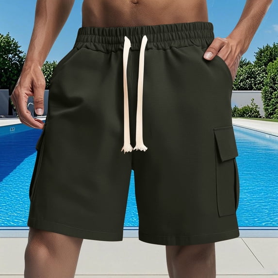 Qulqfy Shorts for Men Summer Cargo Green Linen Shorts Elastic Waist Solid Knee Length Shorts with Pockets for Men L