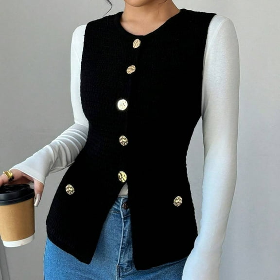 Qulqfy Sleeveless Cardigan Women Tunic Crew Neck Black Dressy Casual Vest Summer Fall Tops for Women with Gold Button L
