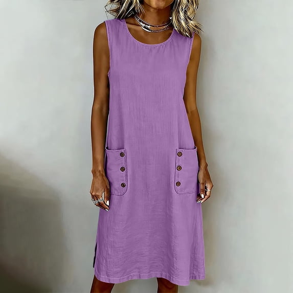 Qulqfy Sleeveless Dresses for Women Midi Solid Cotton Linen Casual Square Neck Flowy with Pockets Wedding Guest Button Down Spring Sundress XL