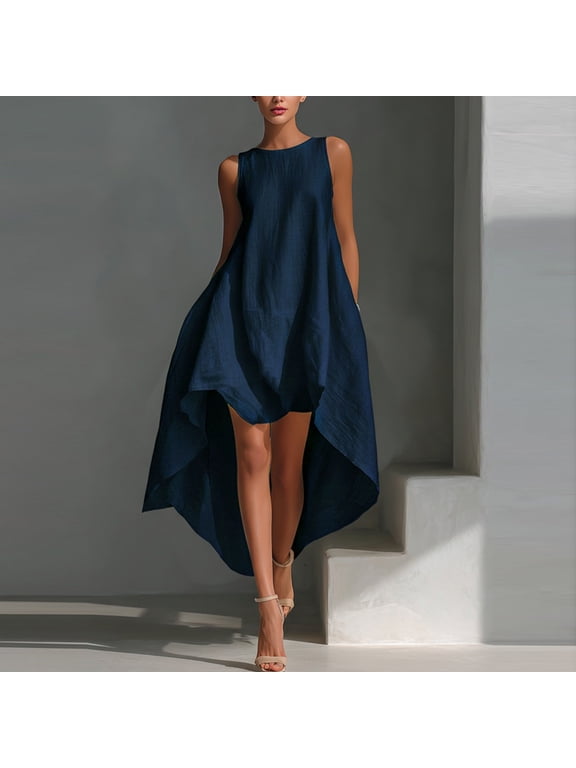 Sleeveless Dresses for Women Plus Size Midi Cotton Linen Flowy Scoop Neck Wedding Guest Graduation Shift Beach High-low hem Sundress M