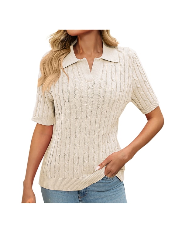 Sleeveless Short Sleeve Shirts for Women V-Neck Solid Fashion Casual Drop Shoulder Pull-On Turn Down Collar Womens Tops