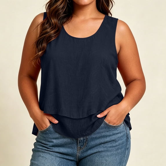 Qulqfy Sleeveless Womens Summer Dresses Plus Size Solid Scoop Neck Flowy Knit Navy Beach Casual Dressy Summer Graphic Shirts 5XL