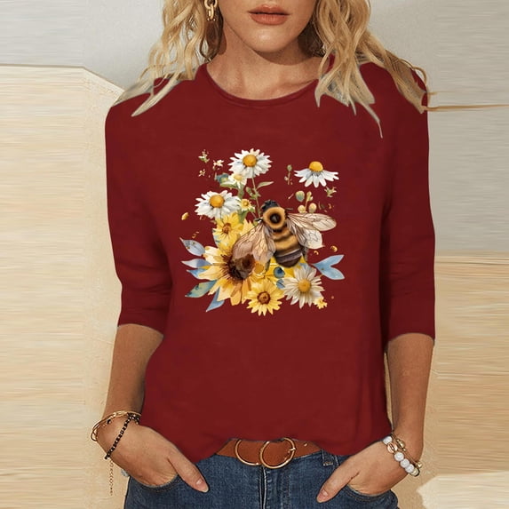 Qulqfy Slim Fit Womens Graphic T Shirts 3/4 Length Sleeve Crew neck Causal Tunic Basics Vacation Raglan Women Summer Tops XL