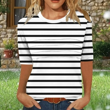 Qulqfy Smocked Trendy Tops for Women 2025 Half Sleeve Striped White Casual Graphic Crew Neck T-Shirts L