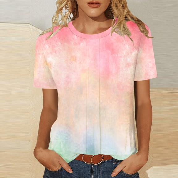 Qulqfy Smocked Tshirts for Women Short Sleeve Pink Crew Neck Shirts Summer Graphic Spring Tees L