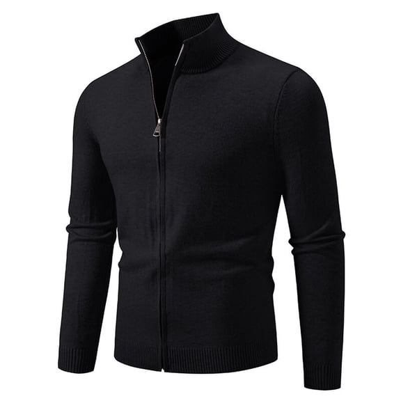 Qulqfy Solid Color Men's Cardigan Sweaters Slim Fit Full Zip Up Knit Black Winter Casual Stand Collar Long Sleeve Fall Sweater Men's Shirts L