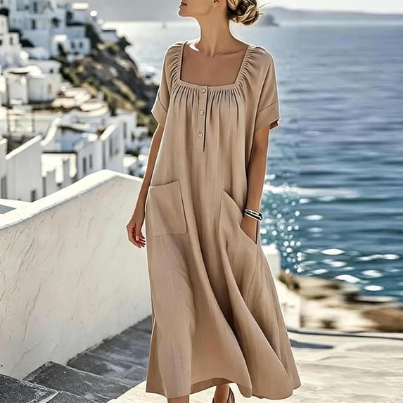 Qulqfy Solid Dresses for Women Casual Maxi Short Sleeve Cotton Linen Square Neck with Pockets Spring Flowy Wedding Guest Button Down Sundress S