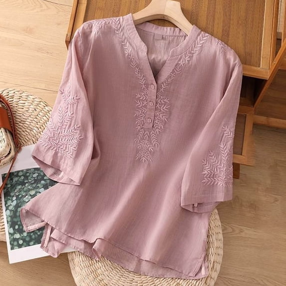 Qulqfy Solid Womens Blouses Loose Fit Casual 3/4 Length Sleeve V-Neck Cotton Linen Pleat Fall Work Flowy Summer Tops for Women 2026 2XL