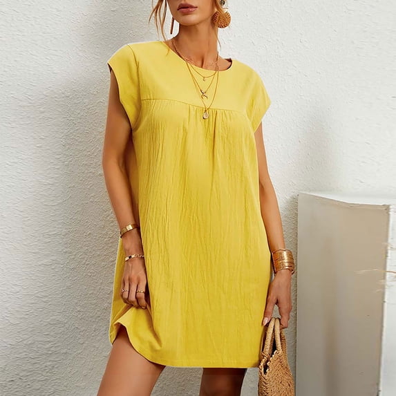Qulqfy Long Sleeve Womens Summer Dresses Solid Cotton Linen Wedding Guest Mini Square Neck Yellow Casual Work Beach Vacation Sundresses M