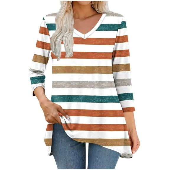 Qulqfy Spring Shirts for Women 3/4 Sleeve Tunic Shirts Dressy Casual Striped Flowy Fall Tops V Neck Blouses for Women M