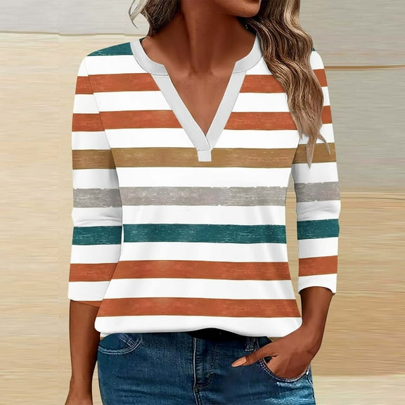 Qulqfy Spring Tops for Women Plus Size 3/4 Sleeve Shirts Tunic Fall Striped V Neck Tops V Neck Blouses for Women 3XL