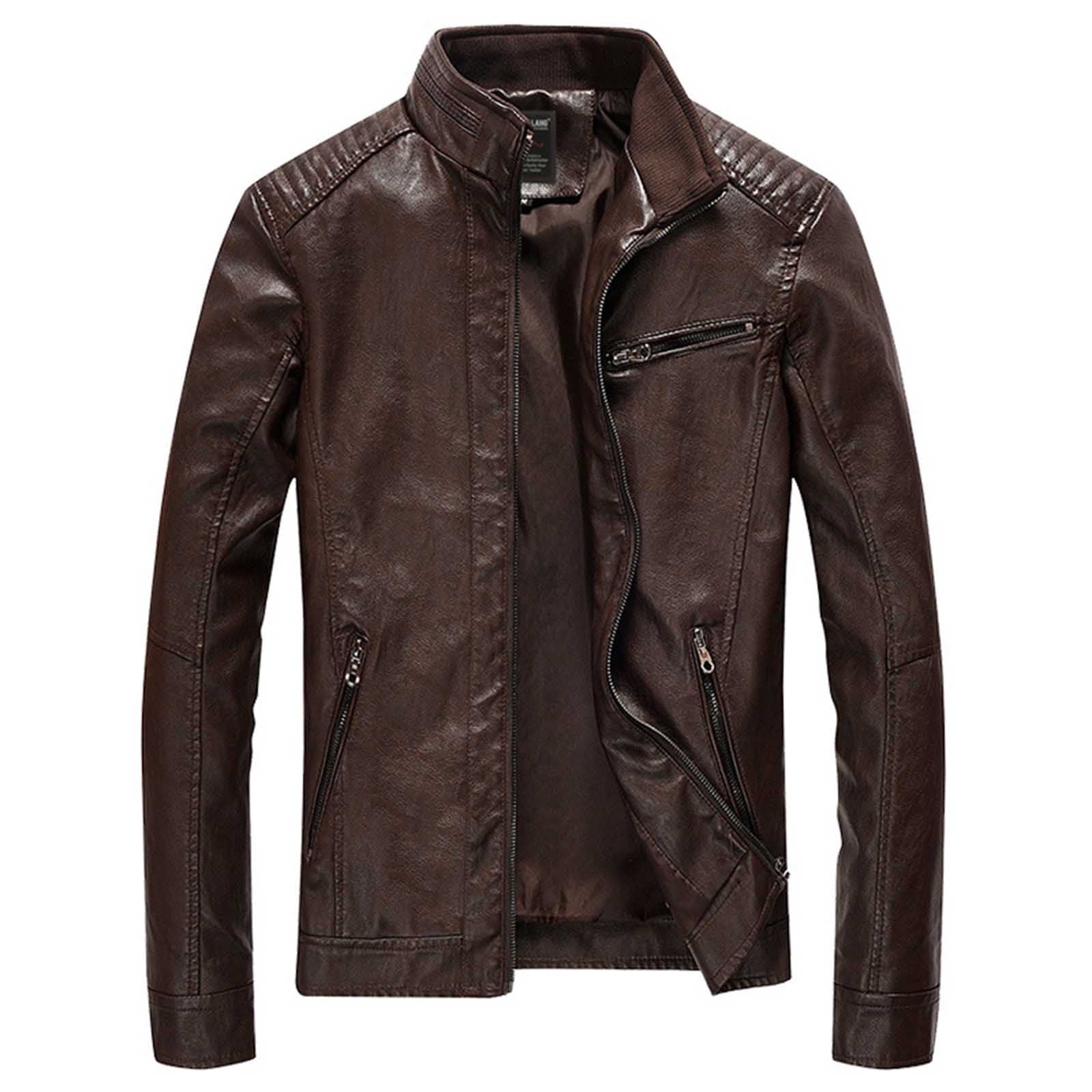 Qulqfy Stand Collar Mens Motorcycle Jacket Biker Leather Fashion Zip Up Long Sleeve Bronze Jackets Mens Coats L