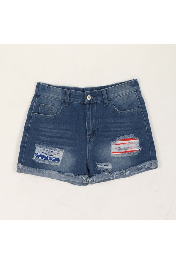 Straight-Leg Denim Shorts Low Rise USA Flag Stretchy Y2k Outfits Summer Casual Ripped Raw Hem Distressed Womens Jean Shorts Blue