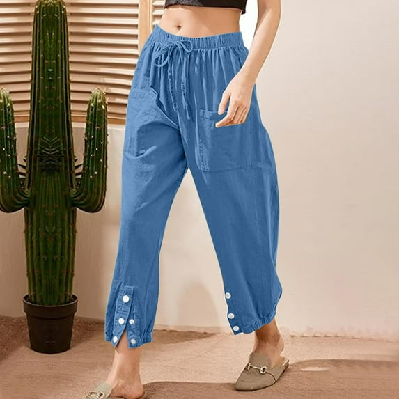 Qulqfy Straight Leg Women's Pants 2025 Baggy Blue Split Drawstring Casual Pants Lightweight Pants for Women XL