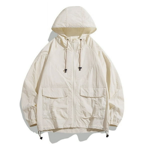 Qulqfy Streetwear Men Hoodies Lightweight Beige Sun Protection Zip Up Long Sleeve Walking Hooded Shirts Mens Shirts L