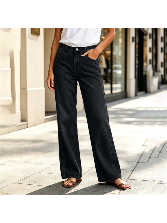 Stretch Jeans for Women Baggy Wide Leg Petite High Rise Straight Leg Dark Gray Relaxed Fit Trousers XL