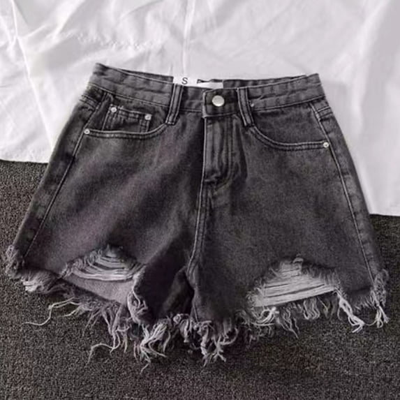 Qulqfy Stretchy Denim Shorts Low Rise Casual Wide-Leg Y2k Outfits Summer Frayed Hem Ripped Distressed Mini Womens Jean Shorts