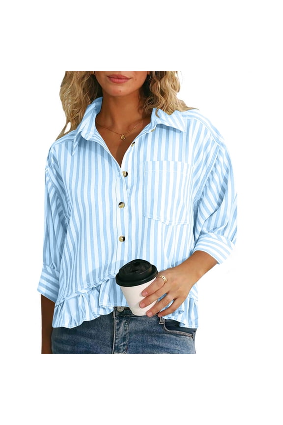 Striped Button Down Shirts for Women 3/4 Length Sleeve Peplum Tops Dressy Casual V Neck Spring Fall Shirts Womens Blouses M