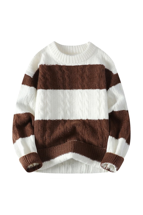 Striped Mens Sweater Casual Bronze Fall Crew Neck Long Sleeve Pullover Knit Winter Sweaters Plus Size Mens Golf Shirt 4XL