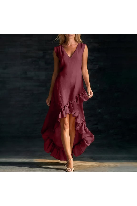 Sleeveless Summer Dress Wedding Guest Ruffle Maxi Solid Casual Cocktail Swing Wedding Guest Boho V-Neck Vacation Evening Gown Red