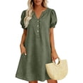 thumbnail image 1 of Qulqfy Summer Dresses for Women Cotton Linen Puff Short Sleeve Boho V-Neck Army Green Midi Dress Casual Flowy Button Down Vacation Sundress with Pockets L, 1 of 5