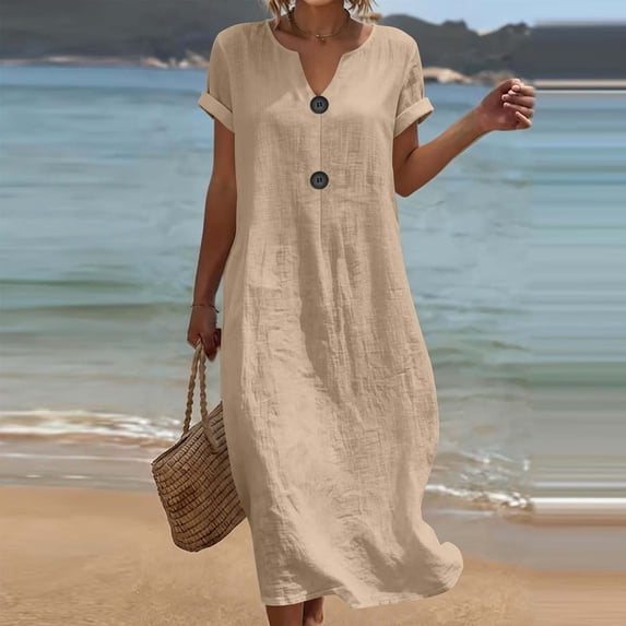 Qulqfy Summer Dresses for Women Cotton Linen Midi Shirt Dress Flowy V-Neck Khaki Short Sleeve Casual Button Down Pleat Vacation Sundress M