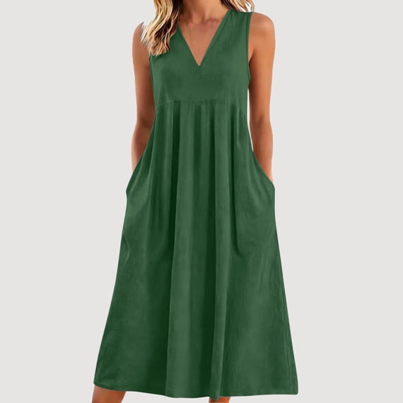 Qulqfy Summer Dresses for Women Cotton Linen Plain Green Maxi Tank Dress V-Neck Casual Smocked Flowy Vacation Sundress with Pockets L
