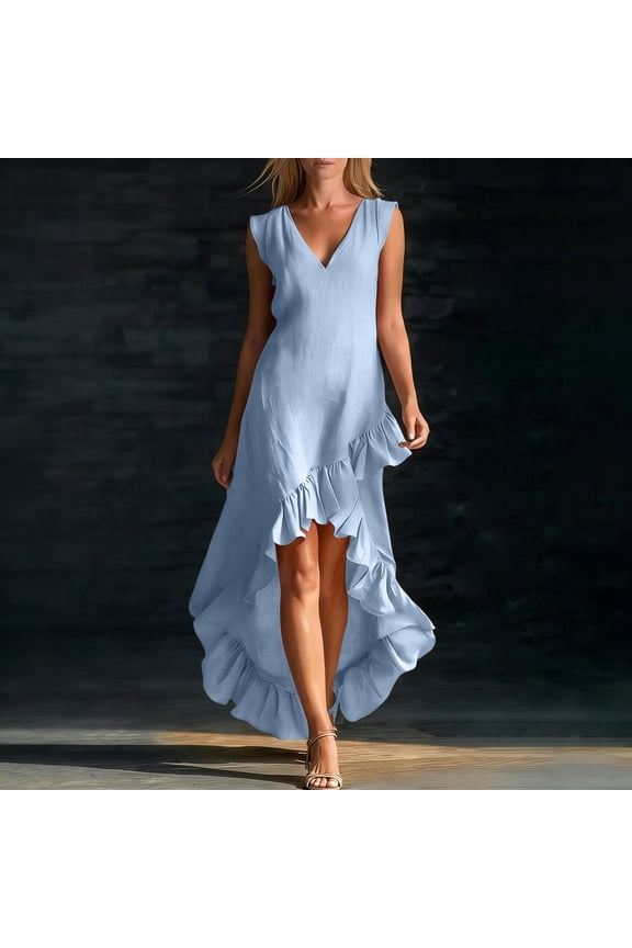 Solid Summer Dresses for Women Ruffle Sleeveless Wedding Guest Maxi Casual Swing Cocktail Boho Wedding Guest V-Neck Vacation Evening Gown Blue