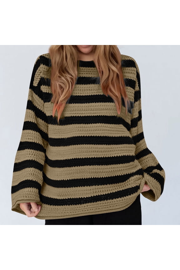Sweaters Women Yellow Trendy Pullover Striped Crew Neck Chunky Knit Long Sleeve Shirts Thin Sweaters for Women Lightweight S