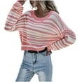 thumbnail image 1 of Qulqfy Sweaters for Women Pullover Cropped Pink Knit Streetwear Crew Neck Striped Long Sleeve Tops Winter Sweaters for Women M, 1 of 3