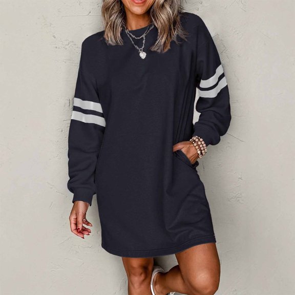 Qulqfy Sweatshirt Dress Women Mini Blue Long Sleeve Crewneck Casual Workout Dresses Womens Fall Dress XL