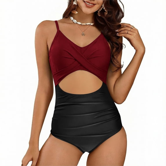 Qulqfy Swimsuit for Women Tummy Control Tankini One Piece Monokini High Cut Cutout Cross Back Swimwear with Padded for Women XL