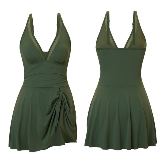 Qulqfy Swimsuits for Women 2026 One Piece Bikini Modest Tummy Control Swim Dress Full Coverage V Neck Swimwear with Padded for Women M