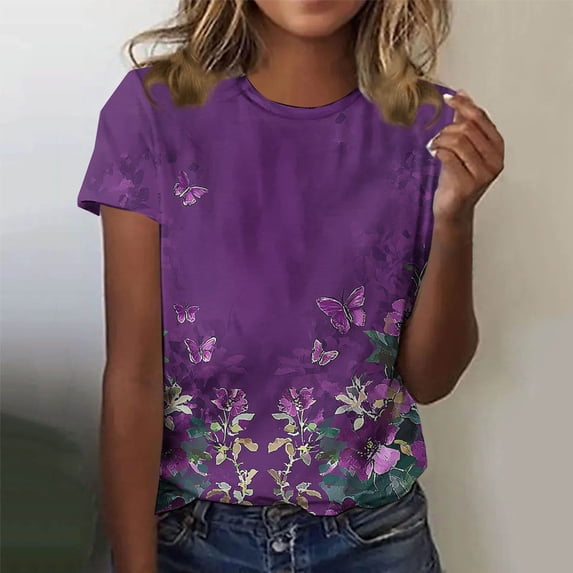Qulqfy T Shirts for Women Graphic Short Sleeve Fitted Crew Neck Shirts Casual Tops Holiday Womens Tops L