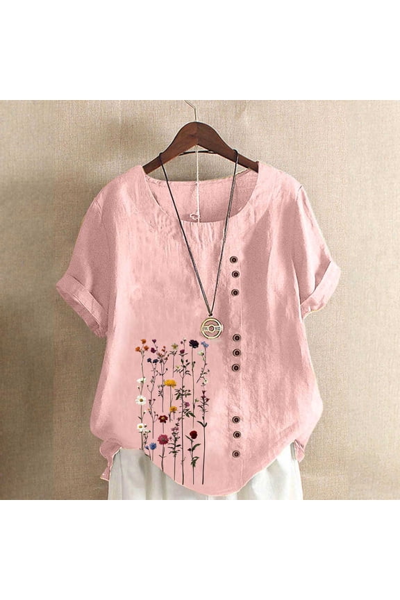 T-Shirts for Women Spring Short Sleeve Plus Size Cotton Linen Shirts Summer Graphic Tops Womens Work Clothes M