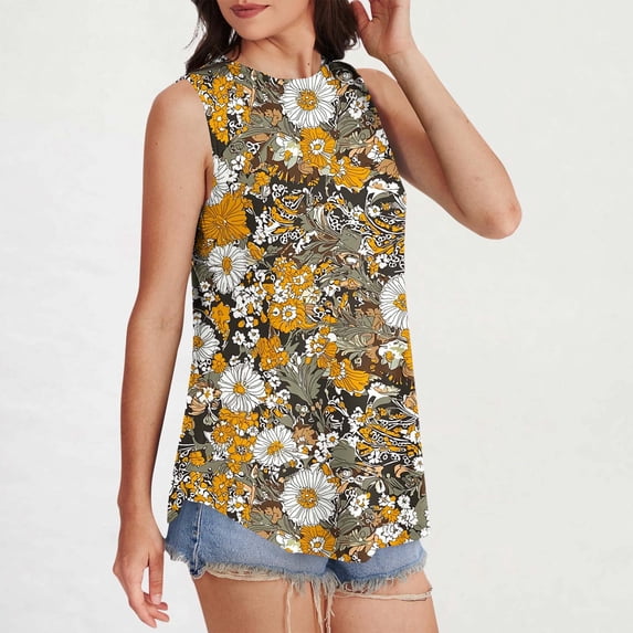 Qulqfy Tank Top for Women Dressy Floral Yellow Summer Shirts Sleeveless Crew Neck Spring Camisole Women Tops L