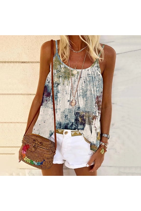 Tank Tops Camisole Crew Neck Tie Dye Sexy Loose Standard Straps Blue Women's Tops